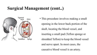 Surgical Management (cont..)
• This procedure involves making a small
opening in the lower back portion of the
skull, locating the blood vessel, and
inserting a small pad (Teflon sponge or
shredded Teflon) to keep the blood vessel
and nerve apart. In most cases, the
causative blood vessel is an artery.
 
