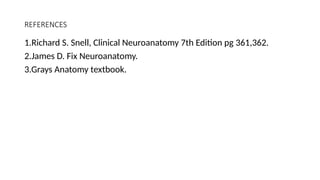 REFERENCES
1.Richard S. Snell, Clinical Neuroanatomy 7th Edition pg 361,362.
2.James D. Fix Neuroanatomy.
3.Grays Anatomy textbook.
 