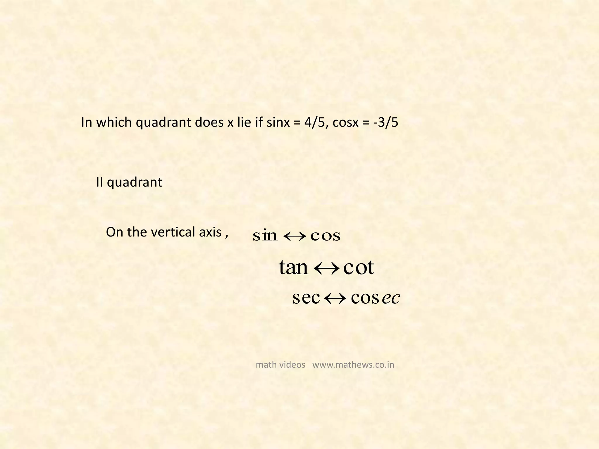 In which quadrant does x lie if sinx = 4/5, cosx = -3/5
II quadrant
On the vertical axis , cossin 
cottan 
eccossec 
math videos www.mathews.co.in
 