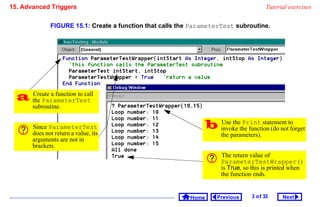 15. Advanced Triggers                                                                     Tutorial exercises


              FIGURE 15.1: Create a function that calls the ParameterTest subroutine.




   the ParameterTest
    Create a function to call

       subroutine.


       Since ParameterTest                                         invoke the function (do notto
                                                                    Use the Print statement
                                                                                                forget
       does not return a value, its                                    the parameters).
       arguments are not in
       brackets.
                                                                       The return value of
                                                                       ParameterTestWrapper()
                                                                       is True, so this is printed when
                                                                       the function ends.


                                                           Home       Previous     3 o f 33     Next
 