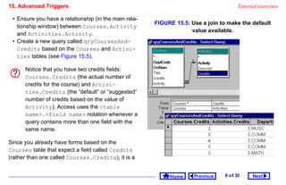 15. Advanced Triggers                                                                   Tutorial exercises

 • Ensure you have a relationship (in the main rela-
                                                       FIGURE 15.5: Use a join to make the default
   tionship window) between Courses.Activity
                                                                    value available.
   and Activities.Activity.
 • Create a new query called qryCoursesAnd-
   Credits based on the Courses and Activi-
   ties tables (see Figure 15.5).

      Notice that you have two credits fields:
      Courses.Credits (the actual number of
      credits for the course) and Activi-
      ties.Credits (the “default” or “suggested”
      number of credits based on the value of
      Activity). Access uses the table
      name.field name notation whenever a
      query contains more than one field with the
      same name.

Since you already have forms based on the
Courses table that expect a field called Credits
(rather than one called Courses.Credits), it is a


                                                            Home     Previous    9 o f 33     Next
 