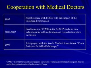 Cooperation with Medical Doctors CPME = Comité Permanent des Médecins Européens / Standing Committee of European Doctors,  umbrella organisation of medical doctors in Europe  Joint project with the World Medical Association: “From Patient to Self-Health Manager” 2006 Involvement of CPME in the AESGP study on new indications for self-medication and related information medicines  2001-2002 Joint brochure with CPME with the support of the European Commission  1997 