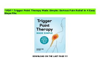 DOWNLOAD ON THE LAST PAGE !!!!
^PDF^ Trigger Point Therapy Made Simple: Serious Pain Relief in 4 Easy Steps Online A practical guide to at-home pain relief with trigger point therapyWhether you’re recovering from an injury, dealing with a chronic condition, or experiencing daily headaches?trigger point therapy can provide pain relief. Those hidden, tender knots in your muscles?also known as trigger points?may be small but they can cause a huge amount of pain. Trigger Point Therapy Made Simple puts healing in your hands so you can stop living in pain and get back to thriving in your life.Learn the ropes of trigger point therapy with an overview of what causes trigger points, how trigger point therapy works, and what to expect. Organized by muscle, the illustrated, step-by-step instructions will help you find relief from injuries, fibromyalgia, and other myofascial pain conditions with gentle, easy motions and massage techniques. At-home treatment should be simple and effective?and now it is.Trigger Point Therapy Made Simple includes:Beyond massage?Treat your muscles and your nervous system in 4 easy steps for maximum long-lasting pain relief.Anatomical aids?Handy anatomical illustrations let you pinpoint where your pain is and show you how to perform the gentle movements that will help you heal.Mind and body?Retrain your brain with a holistic approach to treatment, including helpful habits, breathing exercises, and stress-relief tips.Move better and recover faster with Trigger Point Therapy Made Simple.
^PDF^ Trigger Point Therapy Made Simple: Serious Pain Relief in 4 Easy
Steps File
 