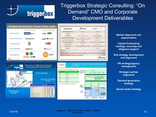 Triggerbox Strategic Consulting: “On Demand” CMO and Corporate Development Deliverables 06/07/09 Triggerbox™  720A S. Lamar Blvd.  Austin, TX 78704 | 512.423.7014  Market alignment and segmentation Capital fundraising strategy, sourcing and diligence support Exit strategy development and alignment PR strategy/agency management Strategic partner alignment Demand generation strategy Social media strategy 