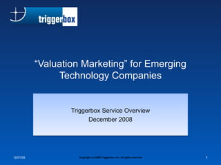 “ Valuation Marketing” for Emerging Technology Companies Triggerbox Service Overview December 2008 Copyright (c) 2008 Triggerbox, Inc. all rights reserved 06/07/09 