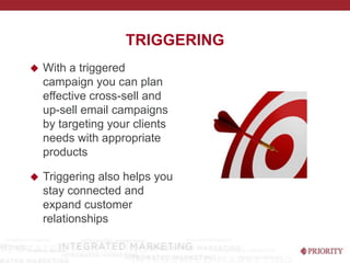 Triggering With a triggered campaign you can plan effective cross-sell and up-sell email campaigns by targeting your clients needs with appropriate products Triggering also helps you stay connected and expand customer relationships 