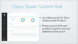 Cisco Spark Control Hub
An Admin portal for Cisco
Collaboration Products
Brings several different
products together into one
administration portal
 