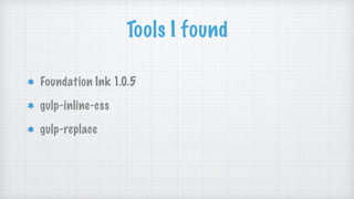 Tools I found
Foundation Ink 1.0.5
gulp-inline-css
gulp-replace
 