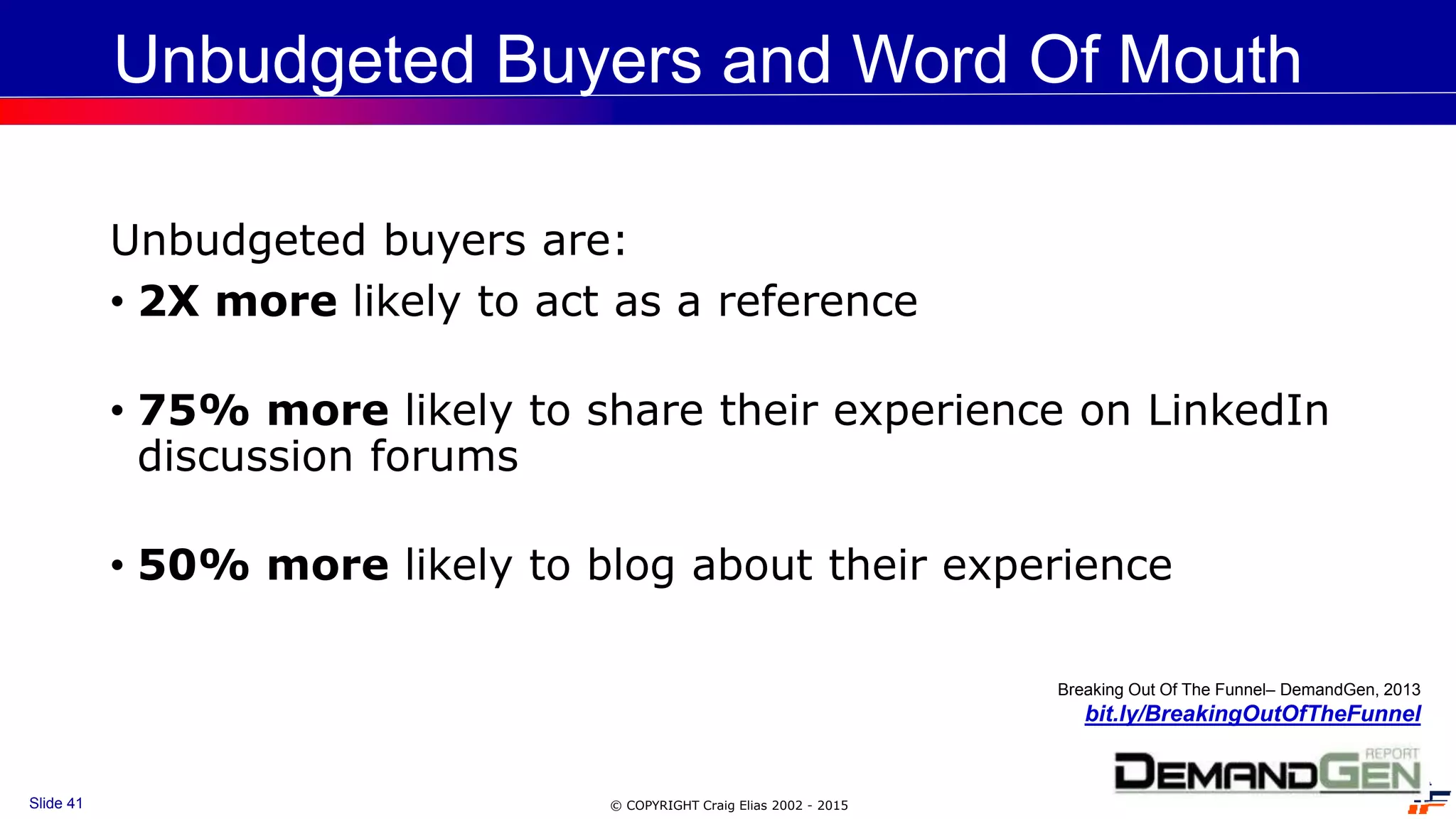 © COPYRIGHT Craig Elias 2002 - 2015Slide 41
Unbudgeted Buyers and Word Of Mouth
Unbudgeted buyers are:
• 2X more likely to act as a reference
• 75% more likely to share their experience on LinkedIn
discussion forums
• 50% more likely to blog about their experience
Breaking Out Of The Funnel– DemandGen, 2013
bit.ly/BreakingOutOfTheFunnel
 