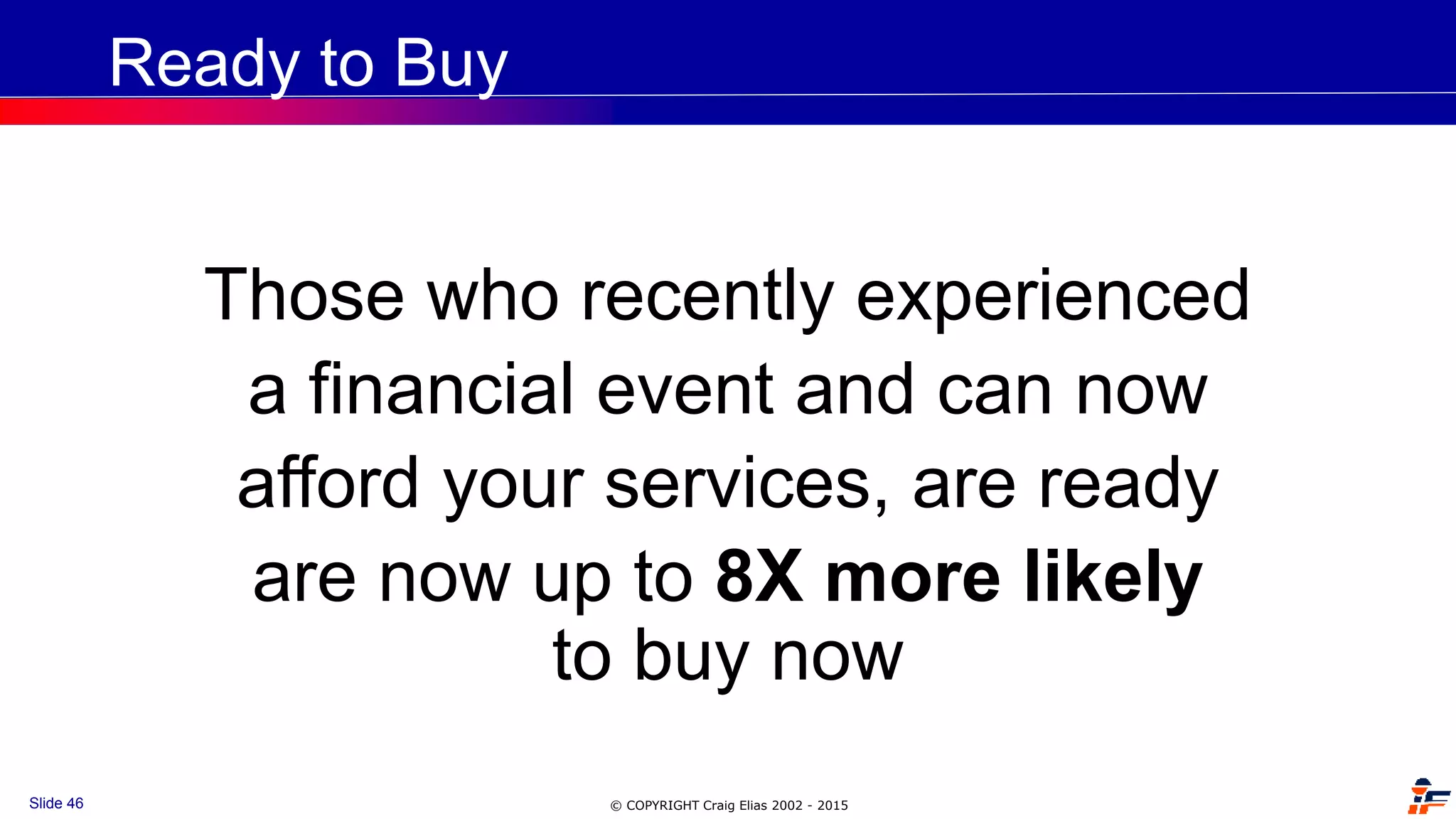 © COPYRIGHT Craig Elias 2002 - 2015Slide 46
Ready to Buy
Those who recently experienced
a financial event and can now
afford your services, are ready
are now up to 8X more likely
to buy now
 