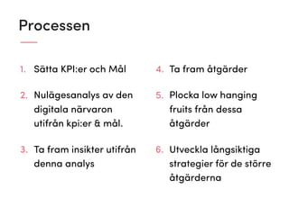 1. Sätta KPI:er och Mål
2. Nulägesanalys av den
digitala närvaron
utifrån kpi:er & mål.
3. Ta fram insikter utifrån
denna analys
Processen
4. Ta fram åtgärder
5. Plocka low hanging
fruits från dessa
åtgärder
6. Utveckla långsiktiga
strategier för de större
åtgärderna
 