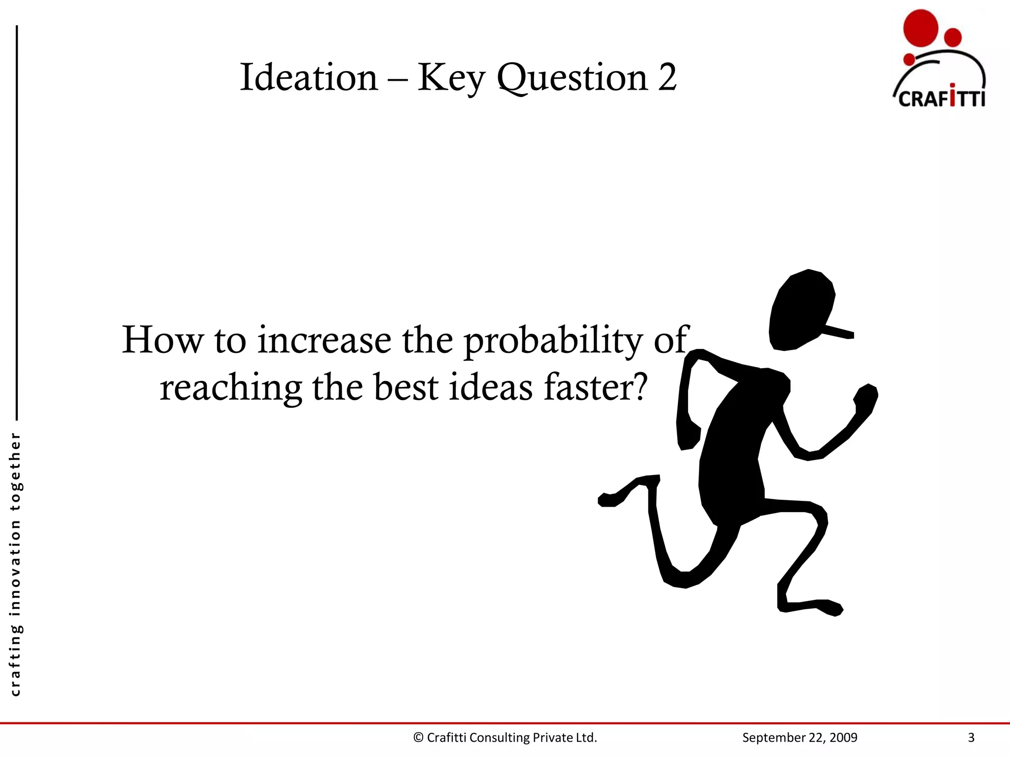 Ideation – Key Question 2




                               How to increase the probability of
                                reaching the best ideas faster?
crafting innovation together




                                                © Crafitti Consulting Private Ltd.   September 22, 2009   3
 