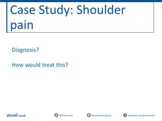 Case Study: Shoulder
pain
@Physiocouk #manchesterphysio facebook.com/physiocouk
 