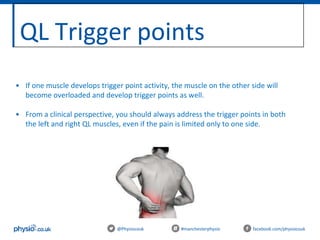 QL Trigger points
@Physiocouk #manchesterphysio facebook.com/physiocouk
• If one muscle develops trigger point activity, the muscle on the other side will
become overloaded and develop trigger points as well.
• From a clinical perspective, you should always address the trigger points in both
the left and right QL muscles, even if the pain is limited only to one side.
 