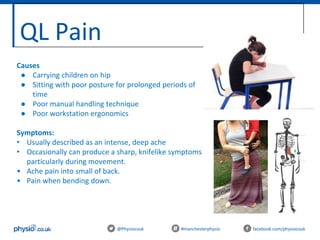 QL Pain
@Physiocouk #manchesterphysio facebook.com/physiocouk
Causes
● Carrying children on hip
● Sitting with poor posture for prolonged periods of
time
● Poor manual handling technique
● Poor workstation ergonomics
Symptoms:
• Usually described as an intense, deep ache
• Occasionally can produce a sharp, knifelike symptoms
particularly during movement.
• Ache pain into small of back.
• Pain when bending down.
 