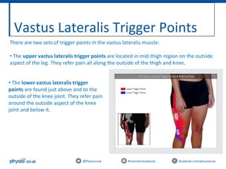 Vastus Lateralis Trigger Points
@Physiocouk #manchesterphysio facebook.com/physiocouk
There are two sets of trigger points in the vastus lateralis muscle:
• The upper vastus lateralis trigger points are located in mid-thigh region on the outside
aspect of the leg. They refer pain all along the outside of the thigh and knee.
• The lower vastus lateralis trigger
points are found just above and to the
outside of the knee joint. They refer pain
around the outside aspect of the knee
joint and below it.
 