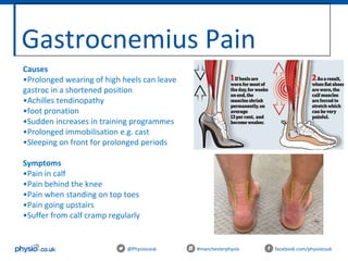 Gastrocnemius Pain
@Physiocouk #manchesterphysio facebook.com/physiocouk
Causes
•Prolonged wearing of high heels can leave
gastroc in a shortened position
•Achilles tendinopathy
•foot pronation
•Sudden increases in training programmes
•Prolonged immobilisation e.g. cast
•Sleeping on front for prolonged periods
Symptoms
•Pain in calf
•Pain behind the knee
•Pain when standing on top toes
•Pain going upstairs
•Suffer from calf cramp regularly
 