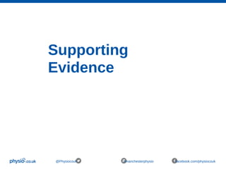 Supporting
Evidence
@Physiocouk #manchesterphysio facebook.com/physiocouk
 