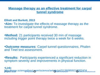 Massage therapy as an effective treatment for carpal
tunnel syndrome
@Physiocouk #manchesterphysio facebook.com/physiocouk
Elliott and Burkett, 2013
•Aim: To investigate the effects of massage therapy as the
treatment for carpal tunnel syndrome.
•Method: 21 participants received 30 min of massage
including trigger point therapy twice a week for 6 weeks.
•Outcome measures: Carpel tunnel questionnaires, Phalen
and Tinel test assessment.
•Results: Participants experienced a significant reduction in
symptom severity and improvements in physical function.
•Link:
http://www.sciencedirect.com/science/article/pii/S1360859212002434
 