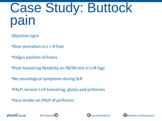 Case Study: Buttock
pain
@Physiocouk #manchesterphysio facebook.com/physiocouk
Objective signs
•Over pronation in L > R foot
•Valgus position of knees
•Poor hamstring flexibility on 90/90 test in L>R legs
•No neurological symptoms during SLR
•PALP: tension L>R hamstring, glutes and piriformis
•Very tender on PALP of piriformis
 