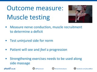 46@Physiocouk #manchesterphysio facebook.com/physiocouk
Outcome measure:
Muscle testing
• Measure nerve conduction, muscle recruitment
to determine a deficit
• Test uninjured side for norm
• Patient will see and feel a progression
• Strengthening exercises needs to be used along
side massage
 