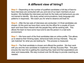 A different view of hiring? 
Step 5 – Depending on the number of qualified candidates a full day of face-to-face 
intervie...
