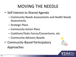 12
MOVING THE NEEDLE
• Self Interest to Shared Agenda
– Community Needs Assessments and Health Needs
Assessments
– Strategic Plans
– Community Action Plans
– Coalitions/Tasks Forces/Consortiums, etc.
– Community Advisory Boards
• Community-Based Participatory
Approaches
 
