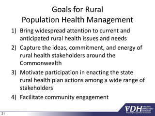 21
Goals for Rural
Population Health Management
1) Bring widespread attention to current and
anticipated rural health issues and needs
2) Capture the ideas, commitment, and energy of
rural health stakeholders around the
Commonwealth
3) Motivate participation in enacting the state
rural health plan actions among a wide range of
stakeholders
4) Facilitate community engagement
 