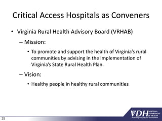 25
Critical Access Hospitals as Conveners
• Virginia Rural Health Advisory Board (VRHAB)
– Mission:
• To promote and support the health of Virginia’s rural
communities by advising in the implementation of
Virginia’s State Rural Health Plan.
– Vision:
• Healthy people in healthy rural communities
 
