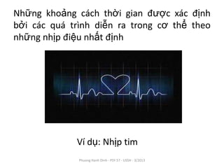 Những khoảng cách thời gian được xác định
bởi các quá trình diễn ra trong cơ thể theo
những nhịp điệu nhất định




             Ví dụ: Nhịp tim
              Phuong Hanh Dinh - PSY 57 - USSH - 3/2013
 