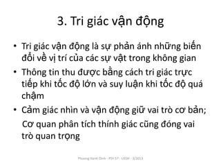 3. Tri giác vận động
• Tri giác vận động là sự phản ánh những biến
  đổi về vị trí của các sự vật trong không gian
• Thông tin thu được bằng cách tri giác trực
  tiếp khi tốc độ lớn và suy luận khi tốc độ quá
  chậm
• Cảm giác nhìn và vận động giữ vai trò cơ bản;
  Cơ quan phân tích thính giác cũng đóng vai
  trò quan trọng

                Phuong Hanh Dinh - PSY 57 - USSH - 3/2013
 