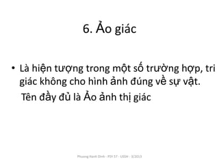 6. Ảo giác

• Là hiện tượng trong một số trường hợp, tri
  giác không cho hình ảnh đúng về sự vật.
  Tên đầy đủ là Ảo ảnh thị giác




              Phuong Hanh Dinh - PSY 57 - USSH - 3/2013
 