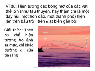 Ví dụ: Hiện tượng các bóng mờ của các vật
thể lớn (như tàu thuyền, hay thậm chí là một
dãy núi, một hòn đảo, một thành phố) hiện
lên trên bầu trời, trên mặt biển gần bờ.

Giải thích: Theo
cơ chế hiện
tượng Ảo ảnh
sa mạc, chỉ khác
đường đi của
tia sáng

                   Phuong Hanh Dinh - PSY 57 - USSH - 3/2013
 