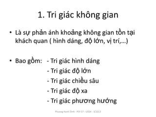 1. Tri giác không gian
• Là sự phản ánh khoảng không gian tồn tại
  khách quan ( hình dáng, độ lớn, vị trí,…)

• Bao gồm: - Tri giác hình dáng
           - Tri giác độ lớn
           - Tri giác chiều sâu
           - Tri giác độ xa
           - Tri giác phương hướng
               Phuong Hanh Dinh - PSY 57 - USSH - 3/2013
 