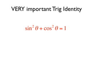 VERY important Trig Identity

        2       2
     sin θ + cos θ = 1
 