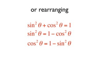 or rearranging
  2        2
sin θ + cos θ = 1
   2           2
sin θ = 1 − cos θ
   2           2
cos θ = 1 − sin θ
 