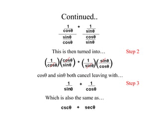 Continued.. This is then turned into… cos θ and sinθ both cancel leaving with… Which is also the same as…  Step 2 Step 3 