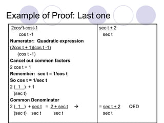 Example of Proof: Last one
2cos2t-cost-1
cos t -1
Numerator: Quadratic expression
(2cos t + 1)(cos t -1)
(cos t -1)
Cancel out common factors
2 cos t + 1
Remember: sec t = 1/cos t
So cos t = 1/sec t
2 ( 1 ) + 1
(sec t)
Common Denominator
2 ( 1 ) + sec t = 2 + sec t 
(sec t) sec t sec t
sec t + 2
sec t
= sec t + 2 QED
sec t
 