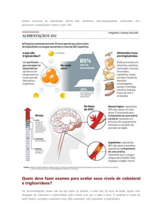 podem aumentar os triglicérides, dentre elas: diuréticos, beta-bloqueadores, corticoides, anti-
psicóticos e medicações contra o vírus HIV.
Quem deve fazer exames para avaliar seus níveis de colesterol
e triglicerídeos?
As recomendações atuais são de que todos os adultos, a partir dos 20 anos de idade, façam uma
dosagem de colesterol e triglicerídeos pelo menos uma vez a cada 5 anos. É preferível a coleta do
perfil lipídico completo (colesterol total, HDL-colesterol, LDL-colesterol e triglicérides).
 