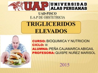 UAD-PISCO
E.A.P DE OBSTETRICIA
CURSO: BIOQUIMICA Y NUTRICION
CICLO: III
ALUMNA: PEÑA CAJAMARCA ABIGAIL
PROFESORA: QUISPE NUÑEZ MARISOL
2015
TRIGLICERIDOS
ELEVADOS
 