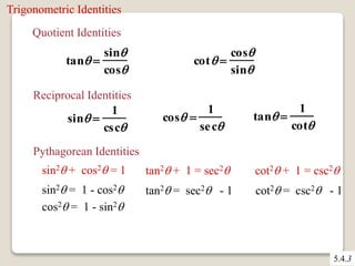 5.4.3 
Trigonometric Identities 
Quotient Identities 
tan  
sin 
cos 
cot  
cos 
sin 
Reciprocal Identities 
sin  
1 
csc 
cos  
1 
se c 
tan  
1 
cot 
Pythagorean Identities 
sin2 + cos2 = 1 tan2 + 1 = sec2 cot2 + 1 = csc2 
sin2 = 1 - cos2 
cos2 = 1 - sin2 
tan2 = sec2 - 1 cot2 = csc2 - 1 
 