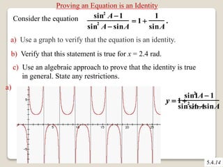 Proving an Equation is an Identity 
Consider the equation sin2 A1 
sin2 A sinA 
 1  
1 
sinA 
. 
a) Use a graph to verify that the equation is an identity. 
b) Verify that this statement is true for x = 2.4 rad. 
c) Use an algebraic approach to prove that the identity is true 
in general. State any restrictions. 
y  
sin2 A 1 
sin2 A sinA 
1  
1 
sinA 
a) 
5.4.14 
 