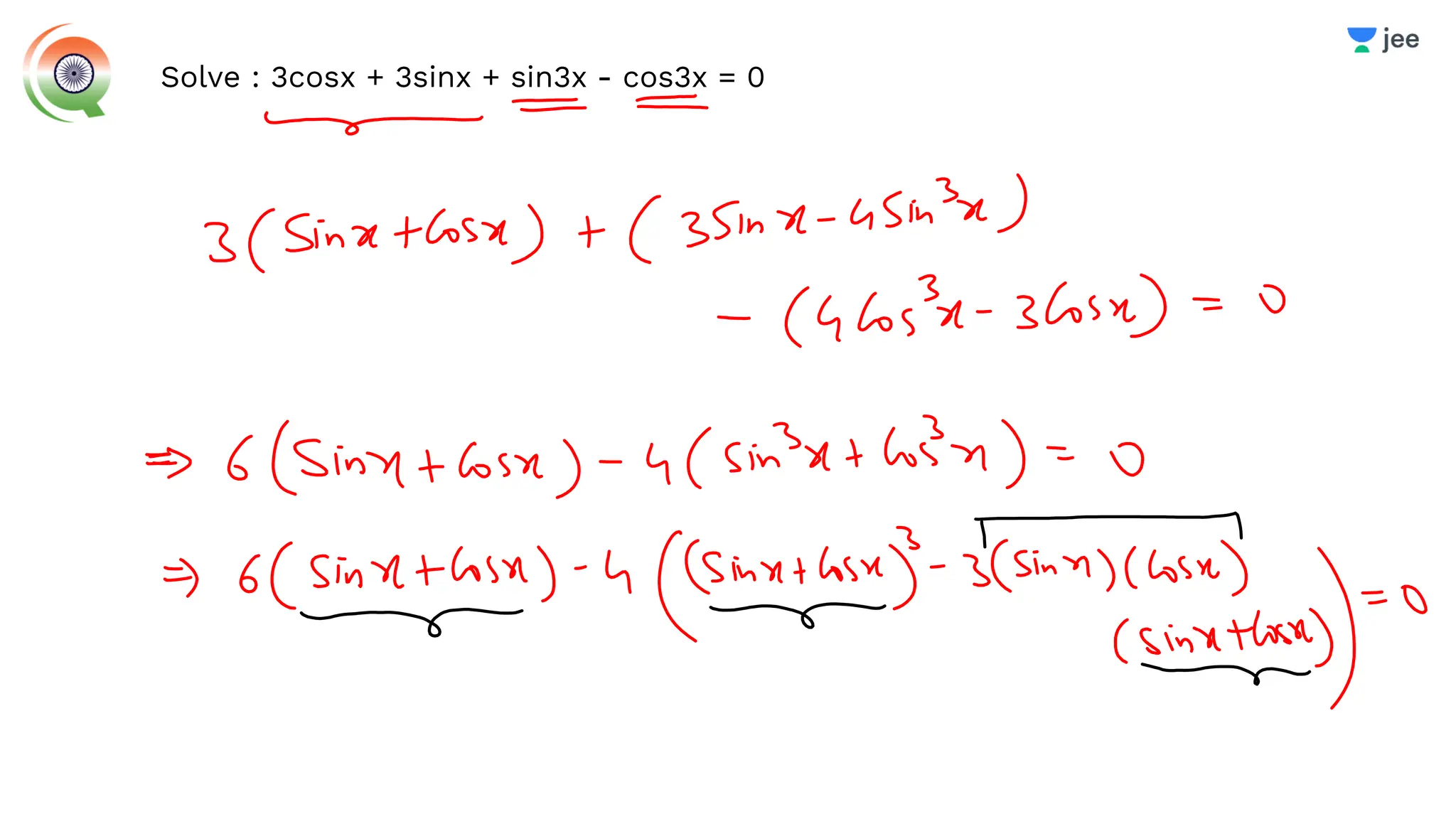 Solve : 3cosx + 3sinx + sin3x - cos3x = 0
 