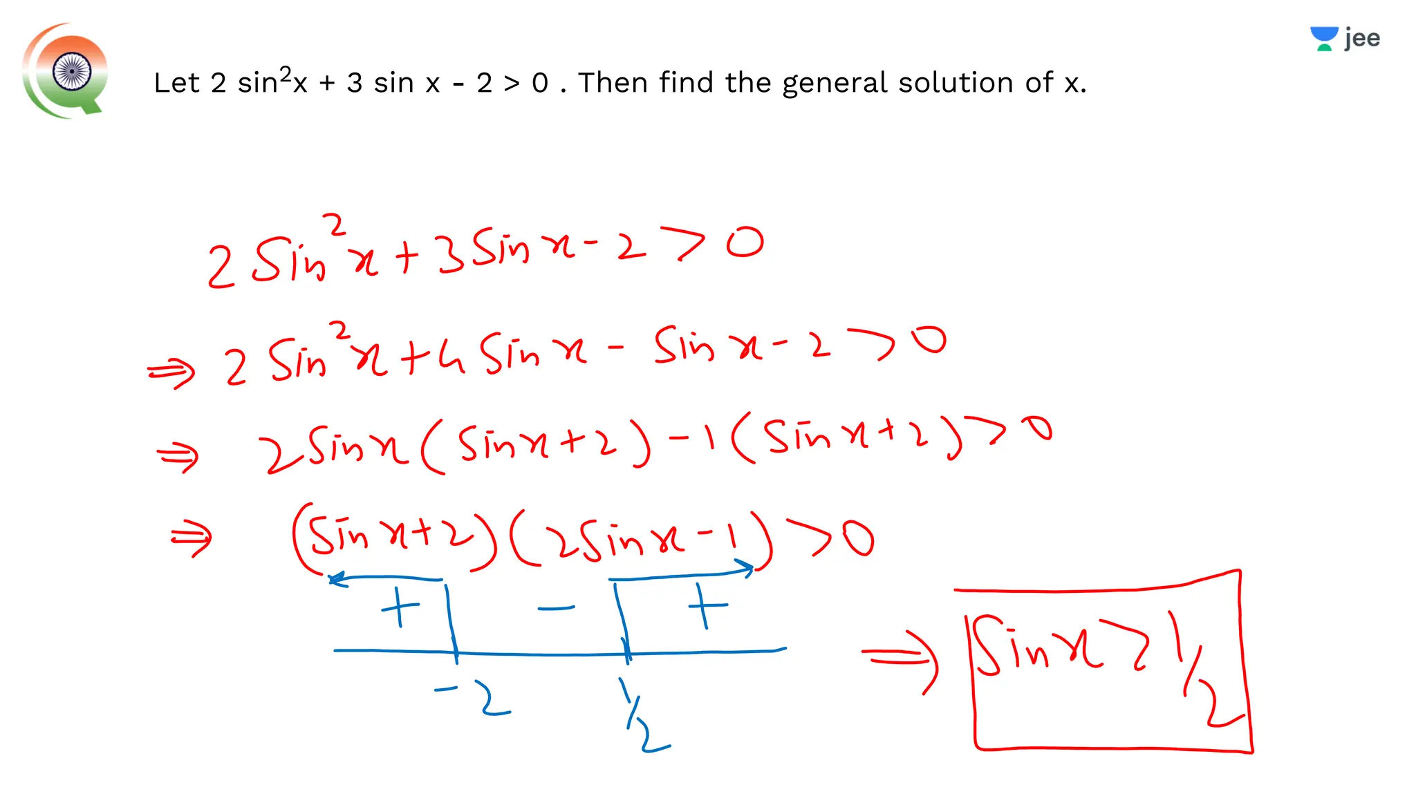 Let 2 sin2x + 3 sin x - 2 > 0 . Then find the general solution of x.
 