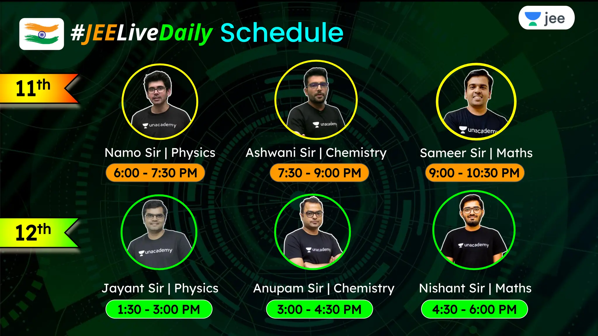 Namo Sir | Physics Ashwani Sir | Chemistry Sameer Sir | Maths
Jayant Sir | Physics Anupam Sir | Chemistry Nishant Sir | Maths
1:30 - 3:00 PM 3:00 - 4:30 PM 4:30 - 6:00 PM
11th
12th
6:00 - 7:30 PM 7:30 - 9:00 PM 9:00 - 10:30 PM
#JEELiveDaily Schedule
 