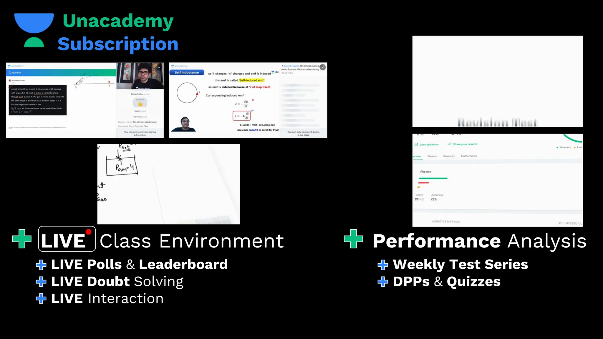 Unacademy
Subscription
LIVE Polls & Leaderboard
LIVE Doubt Solving
LIVE Interaction
LIVE Class Environment Performance Analysis
Weekly Test Series
DPPs & Quizzes
 