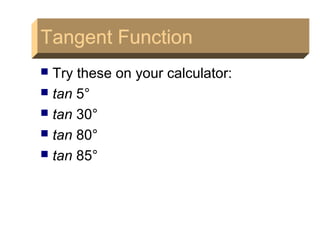 Tangent Function
 Try these on your calculator:
 tan 5°
 tan 30°
 tan 80°
 tan 85°
Tangent FunctionTangent Function
 