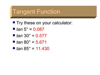Tangent Function
 Try these on your calculator:
 tan 5° = 0.087
 tan 30° = 0.577
 tan 80° = 5.671
 tan 85° = 11.430
Tangent FunctionTangent Function
 