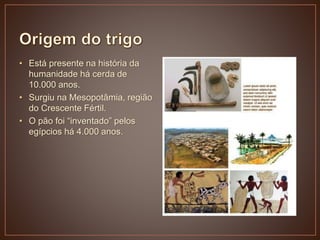 • Está presente na história da
humanidade há cerda de
10.000 anos.
• Surgiu na Mesopotâmia, região
do Crescente Fértil.
• O pão foi “inventado” pelos
egípcios há 4.000 anos.
 