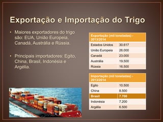• Maiores exportadores do trigo
são: EUA, União Europeia,
Canadá, Austrália e Rússia.
• Principais importadores: Egito,
China, Brasil, Indonésia e
Argélia.
Exportação (mil toneladas) -
2013/2014
Estados Unidos 30.617
União Europeia 26.000
Canadá 23.000
Austrália 19.500
Rússia 16.500
Importação (mil toneladas) -
2013/2014
Egito 10.500
China 8.500
Brasil 7.700
Indonésia 7.200
Argélia 6.500
 